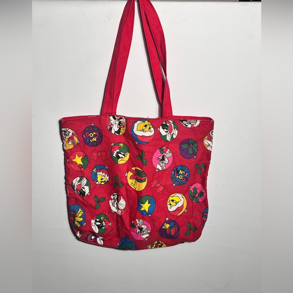Vintage 1993 Warner Bros. Red Looney Tunes Christmas Ornament Tote Bag